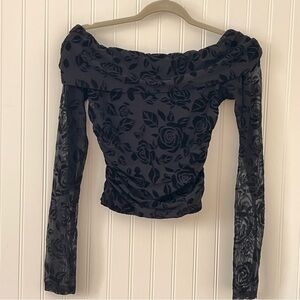 Wild Fable Black Velvet Floral Mesh Sleeve Top